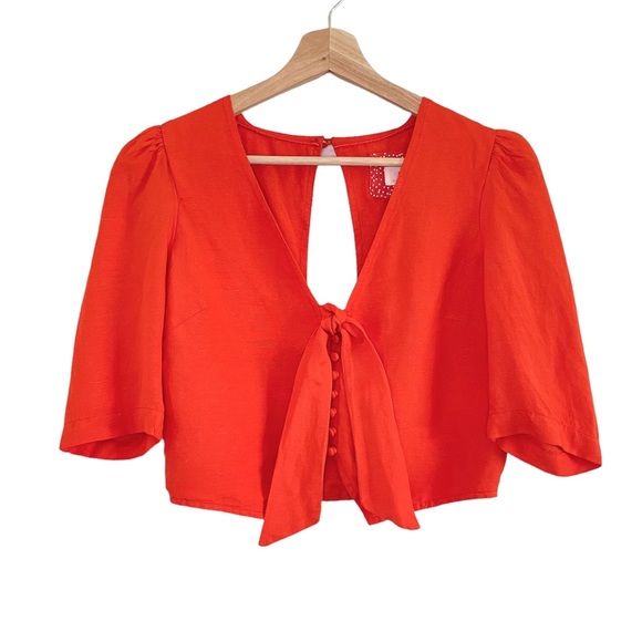 NWT Anthropologie Maeve Short Sleeve Tie-Front Linen Blend Blouse Orange 4 - Picture 4 of 16